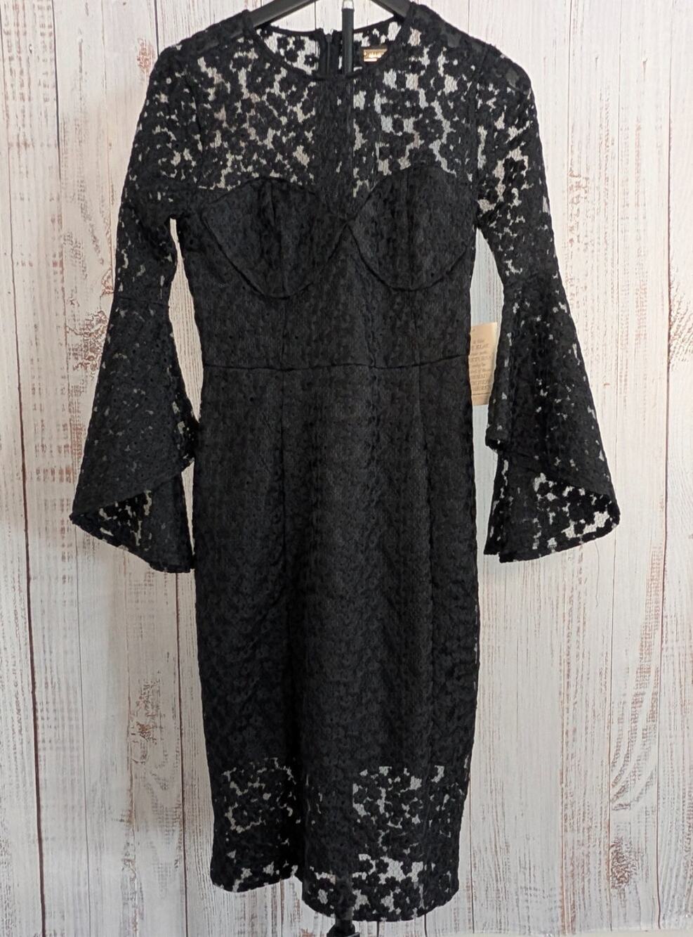 Alexia Admor Dress Womens 6 Black Floral Lace Bell Sleeve Sheath Cocktail Party